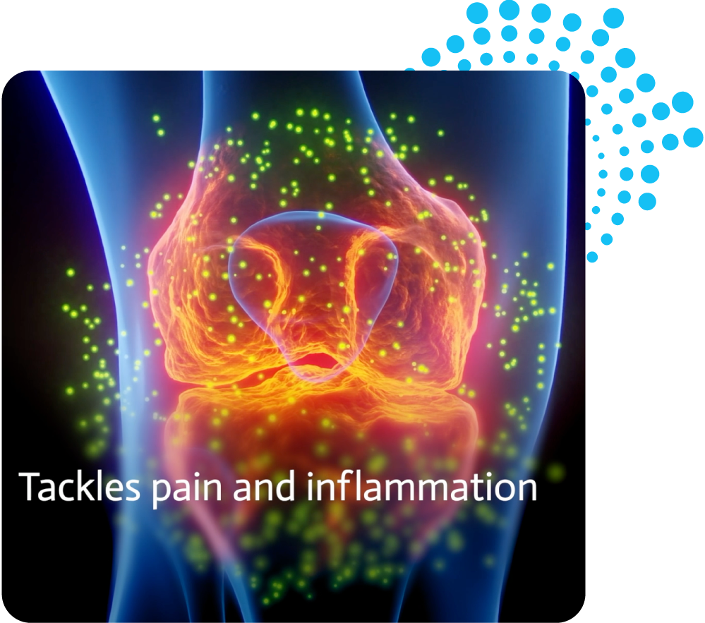 Colorful depiction of a knee with glowing effects, labeled 'Tackles pain and inflammation'.