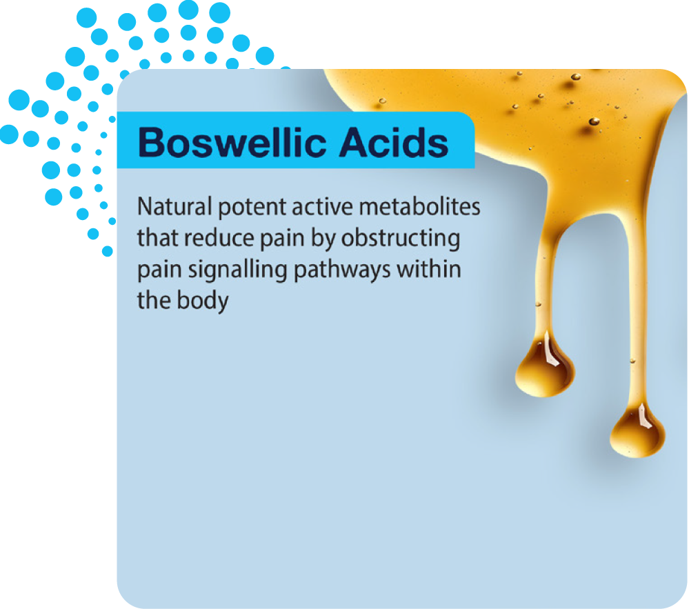 Boswellic Acids description with a blue label and yellow liquid droplets on a light blue background