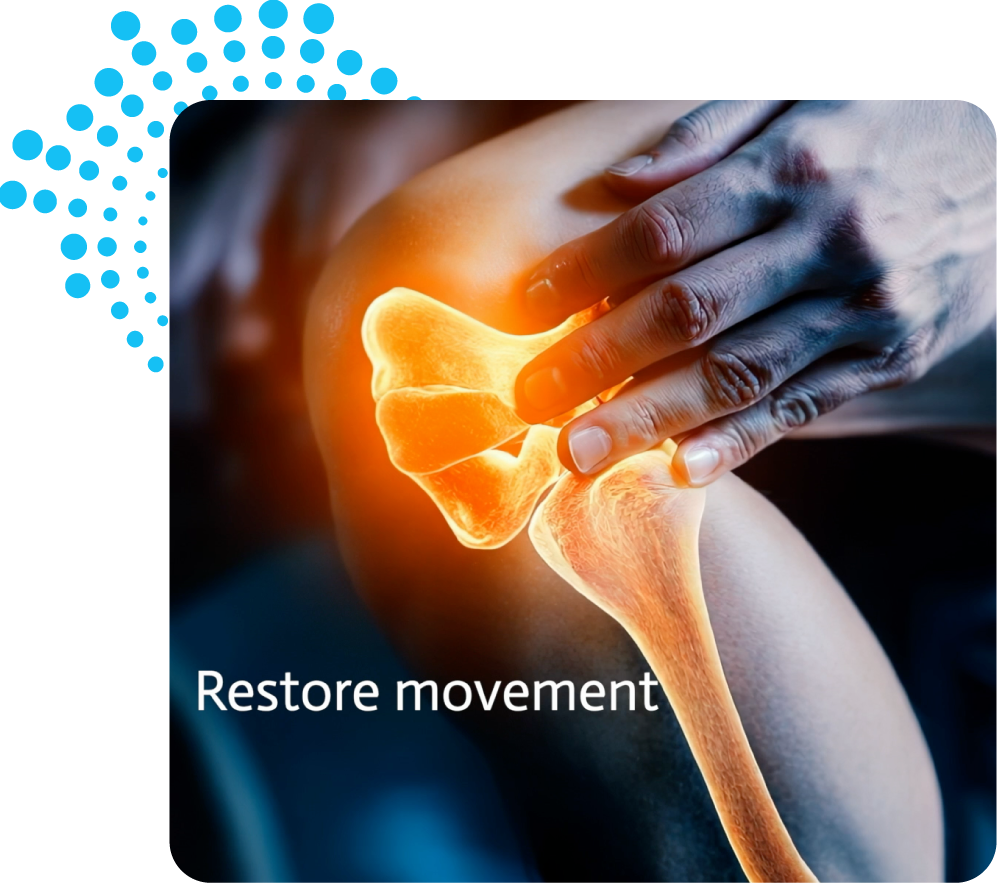 Anatomical 3D overlay of a knee joint glowing with inflammation being touched by a hand, illustrating how AKBA 3.0 works to restore movement and reduce joint pain at the biological source.