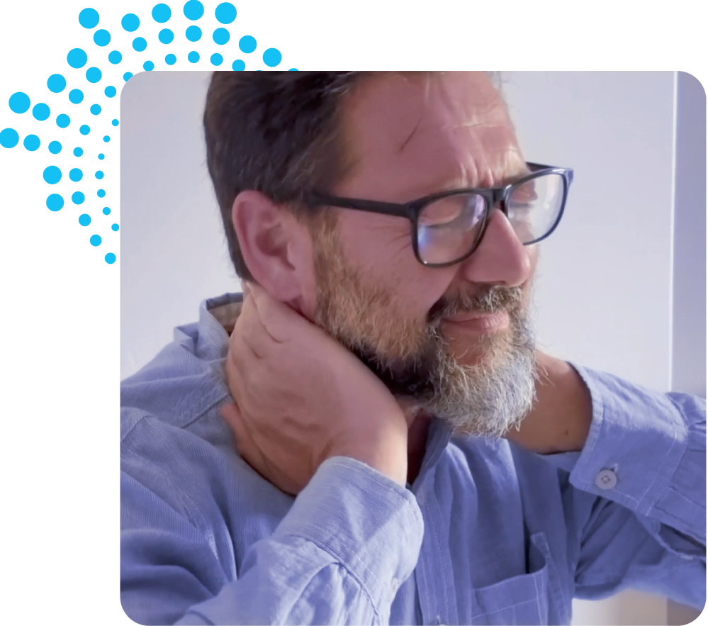 A middle-aged man experiencing neck pain and stiffness, illustrating the discomfort caused by chronic inflammation and the need for targeted joint and muscle support.
