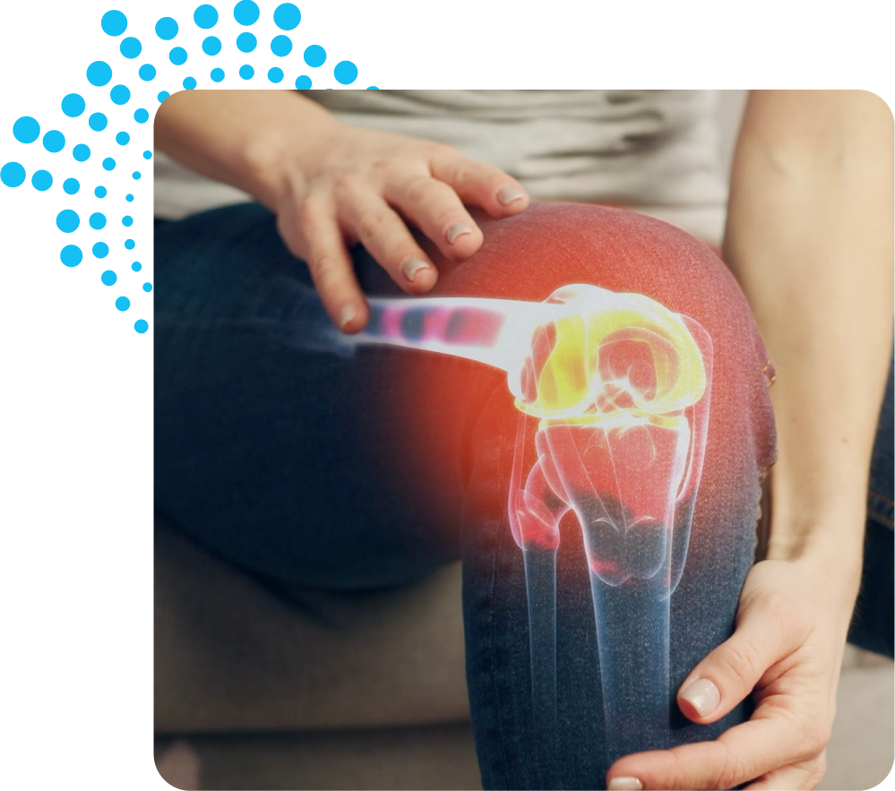 Person holding a knee with an overlay of a transparent knee X-ray showing internal anatomy.