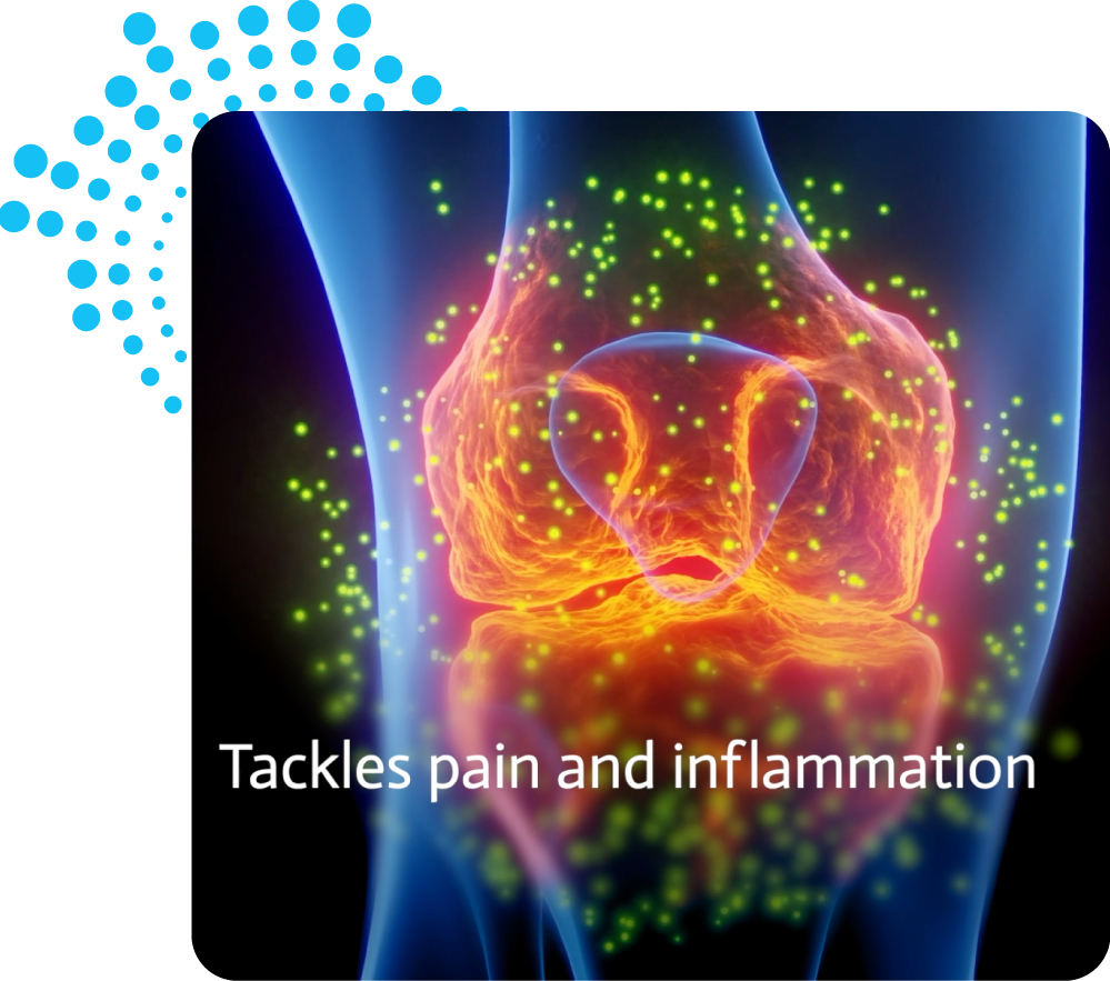 Colorful illustration of a knee joint with glowing particles and text 'Tackles pain and inflammation'.