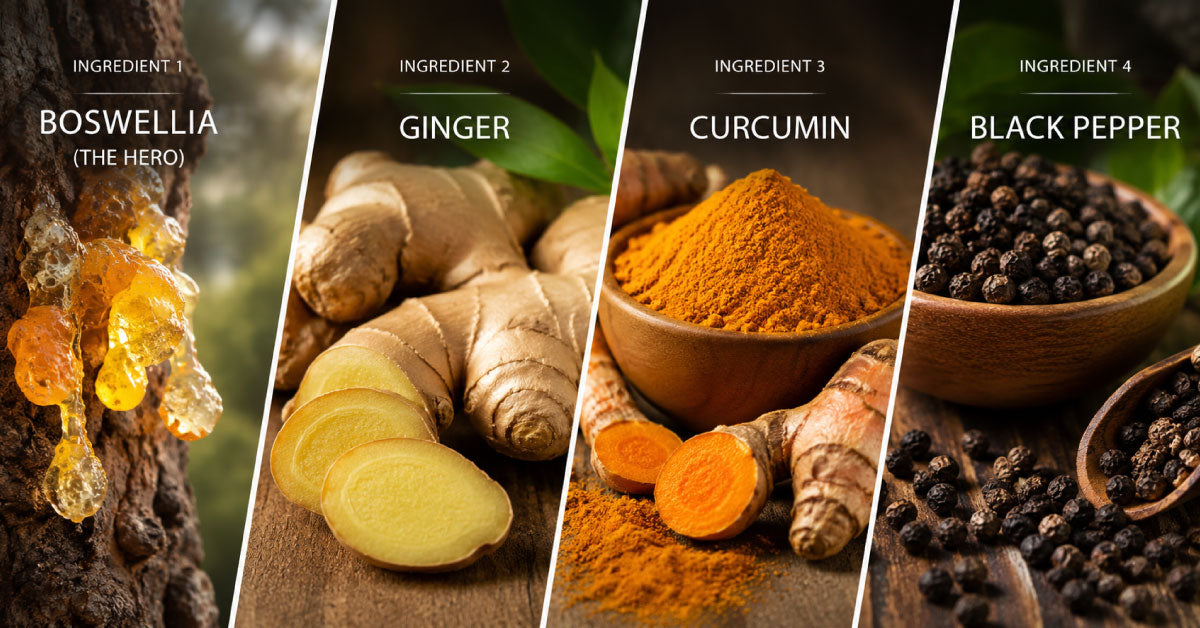 Four ingredients used in a natural product, each labeled with its name.