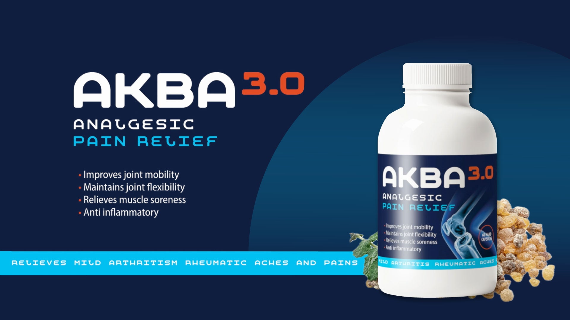 AKBA 3.0 Analgesic Pain Relief bottle displayed against a professional navy background, highlighting benefits for joint mobility, flexibility, muscle soreness, and inflammation relief for mild arthritis and rheumatic aches.