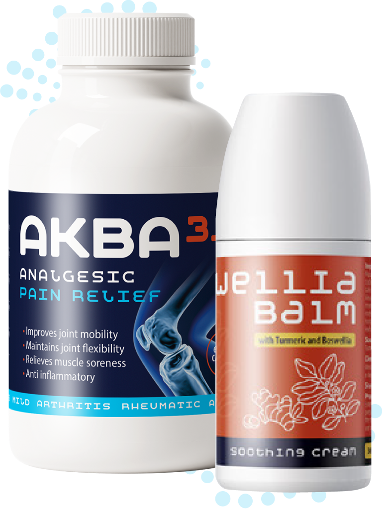 Two bottles of AKBA analgesic pain relief and Wella balm on a white background