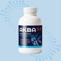 Bottle of AKBA 3.0 analgesic pain relief on a light blue background with subtle patterns.