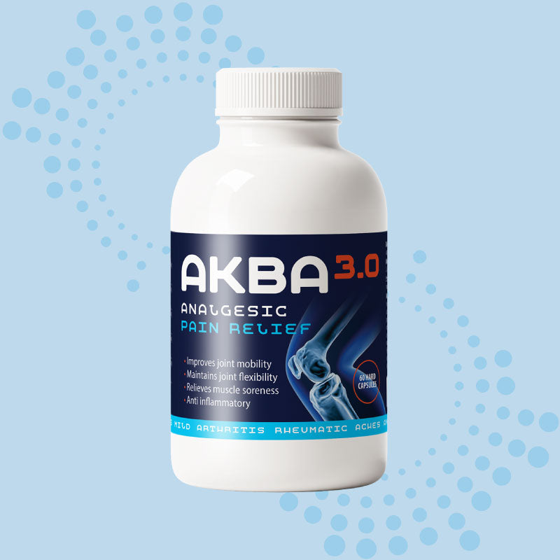 Bottle of AKBA 3.0 analgesic pain relief on a light blue background with subtle patterns.