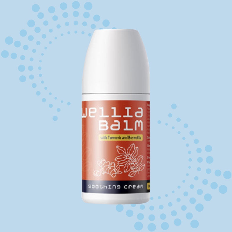 Wella Balm bottle on a light blue background with decorative elements