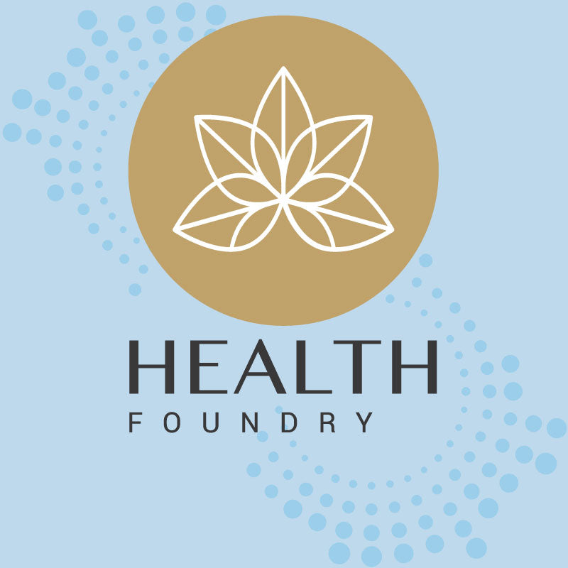 Logo of Health Foundry with a leaf symbol on a light blue background