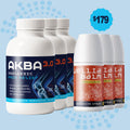 Three bottles of AKBA 3.0 and three containers of Wellia Balm on a light blue background with a price tag.