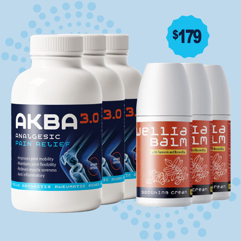 Three bottles of AKBA 3.0 and three containers of Wellia Balm on a light blue background with a price tag.